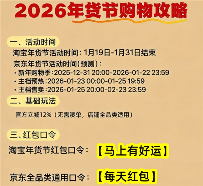 淘宝年货节活动_2026年淘宝年货节攻略_2026年京东年货节红包口令
